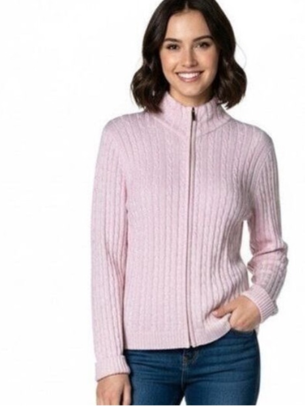 Nautica Jeans Pink Cable Knit Full Zip Cardigan Sweater -